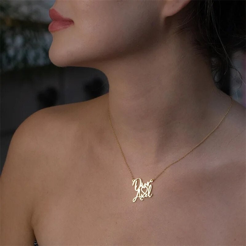 18K Gold Plated Personalized Two Name Heart Necklace Customized Necklace Handcrafted Custom Jewelry Nameplate Pendant Gifts For Mom, For Her