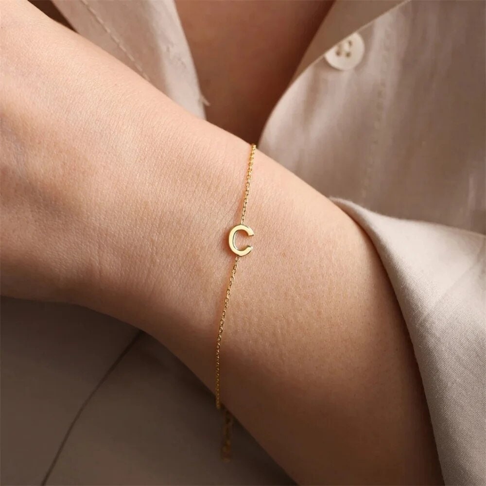 18K Gold Plated Personalized Initial Tiny Letter Bracelet Customized A-Z Bangle Custom Bracelet Jewelry Dainty Minimalist Handmade Jewelry