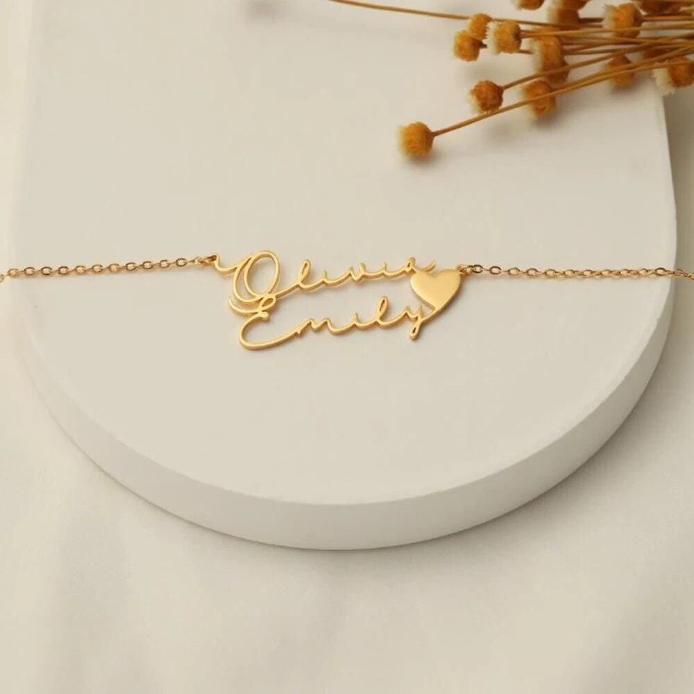 18K Gold Plated Personalized Two Name Heart Necklace Customized Necklace Handcrafted Custom Jewelry Nameplate Pendant Gifts For Mom, For Her