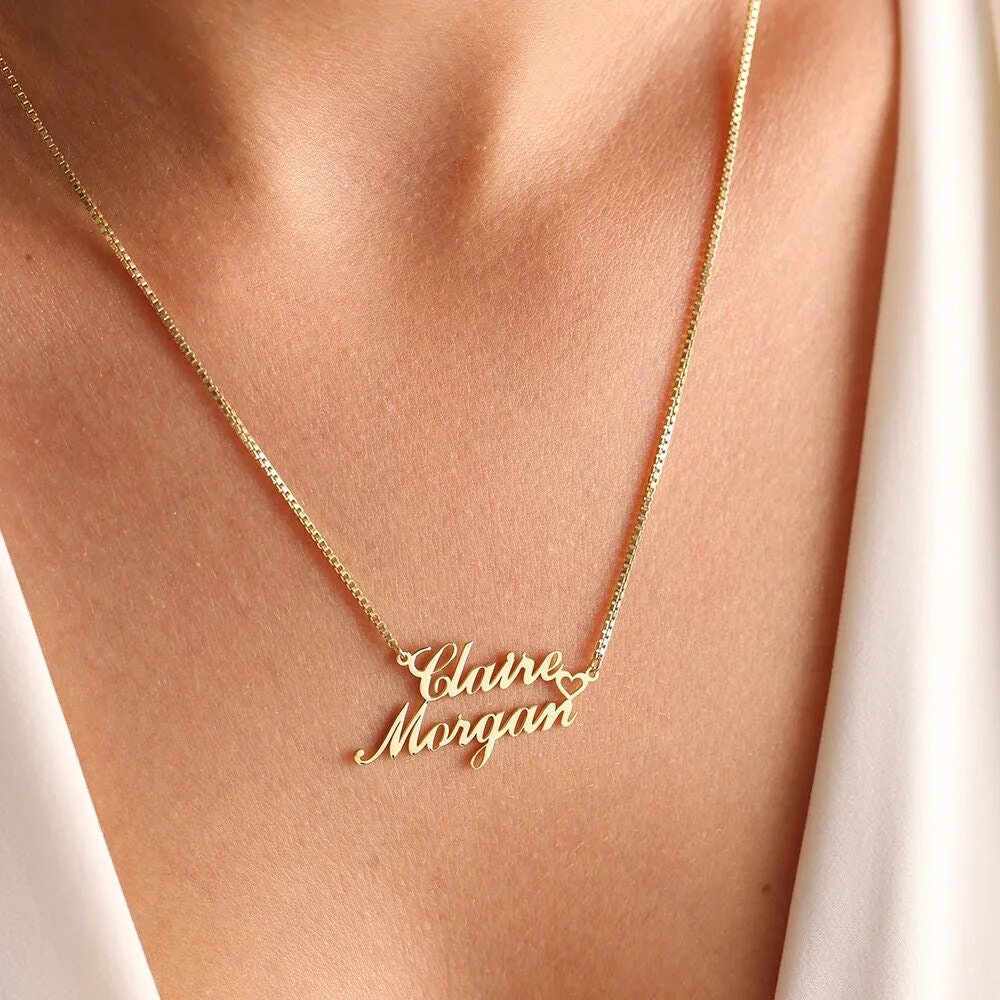 18K Gold Plated Personalized Two Name Heart Necklace Customized Necklace Handcrafted Custom Jewelry Nameplate Pendant Gifts For Mom, For Her