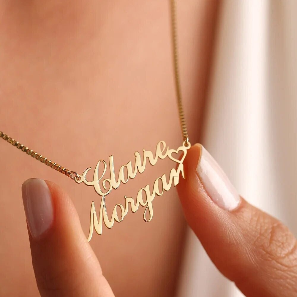 18K Gold Plated Personalized Two Name Necklace, Customized Name Necklace Handcrafted Custom Jewelry Nameplate Pendant Gifts For Mom, For Her