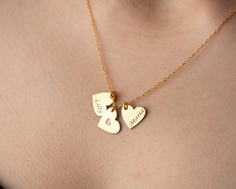 18K Gold Plated Personalized Multiple Heart Family Name Necklace Overlapping Round Disc Custom Mom Gift Engraved Kid Name Pendant Jewelry