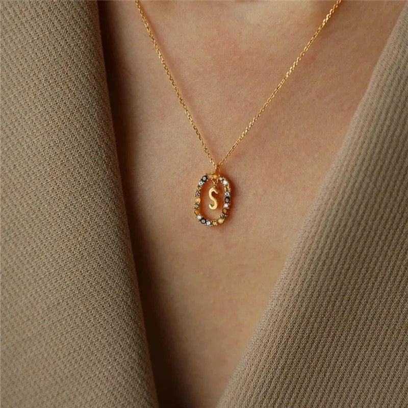 18K Gold Plated Personalized Initial Charm Letter Necklace Customized A - Z Pendant Necklace Jewelry Dainty Minimalist Color Zircon Handmade