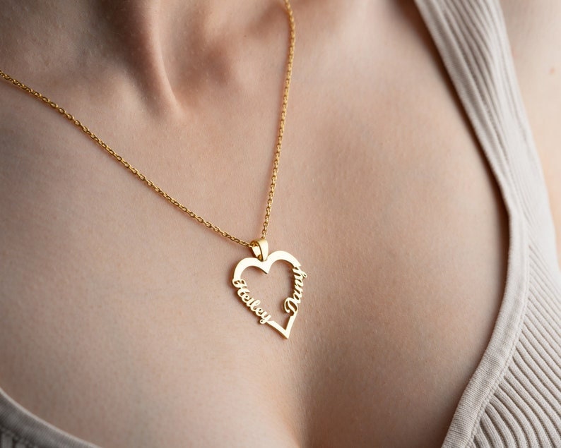 18K Gold Plated Customized Two Hallow Heart Name Necklace, Personalized Engraved Heart Pendant Custom Name Necklace, Customized Jewelry Gift