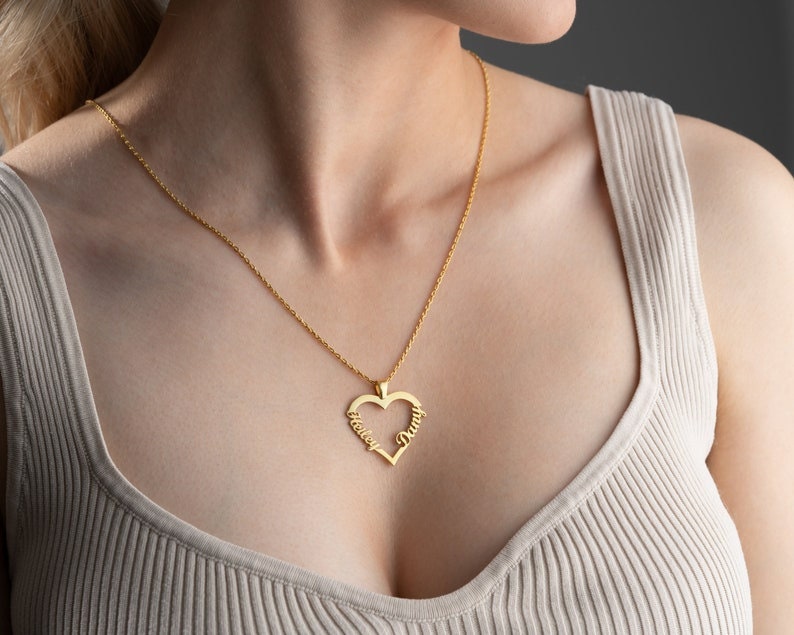 18K Gold Plated Customized Two Hallow Heart Name Necklace, Personalized Engraved Heart Pendant Custom Name Necklace, Customized Jewelry Gift