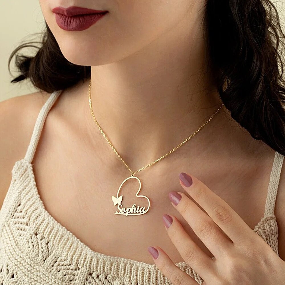 18K Gold Plated Customized Two Hallow Heart Name Necklace, Personalized Engraved Heart Pendant Custom Name Necklace, Customized Jewelry Gift