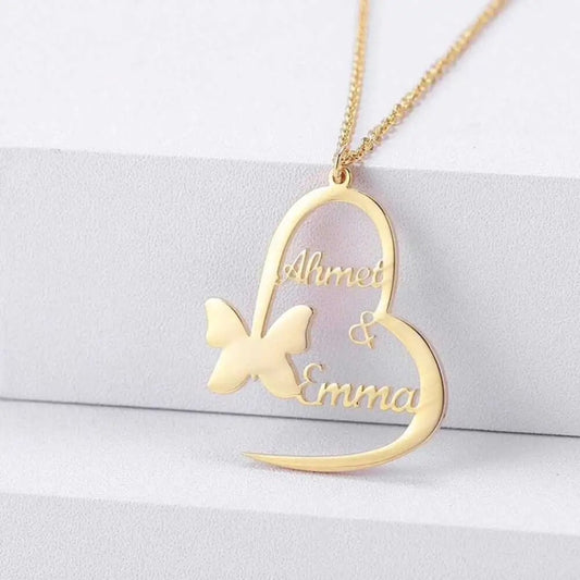 18K Gold Plated Customized Two Hallow Heart Name Necklace, Personalized Engraved Heart Pendant Custom Name Necklace, Customized Jewelry Gift