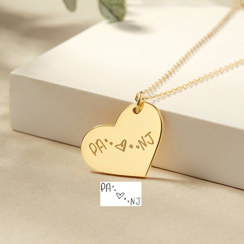 18K Gold Plated Actual Handwriting Heart Necklace Personalized Signature Remembrance Jewelry Customized Engraved Jewelry, Handmade Jewelry