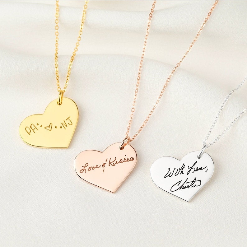 18K Gold Plated Actual Handwriting Heart Necklace Personalized Signature Remembrance Jewelry Customized Engraved Jewelry, Handmade Jewelry