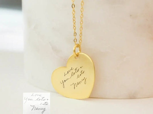 18K Gold Plated Actual Handwriting Heart Necklace Personalized Signature Remembrance Jewelry Customized Engraved Jewelry, Handmade Jewelry