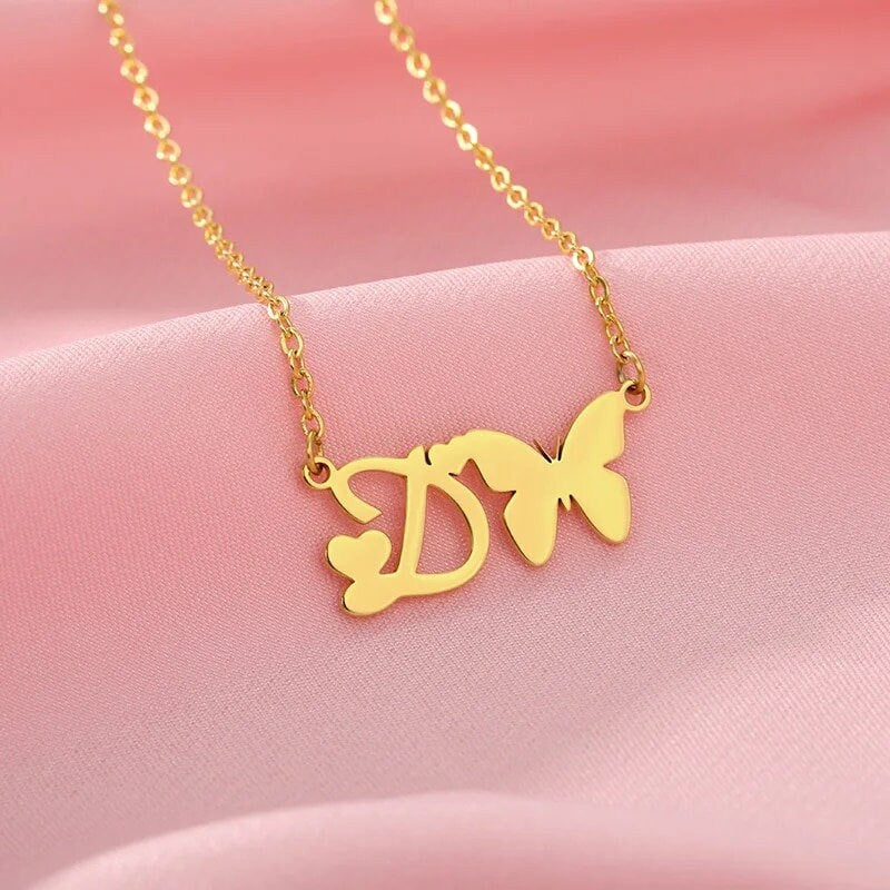 18K Gold Plated Personalized Initial Letter With Butterfly Necklace, A - Z Pendant Customized Necklace, Jewelry Custom Handmade Jewelry Gift