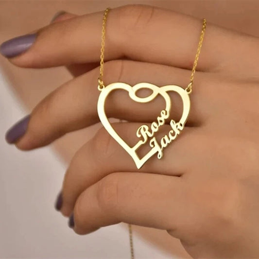 18K Gold Plated Customized Two Hallow Heart Name Necklace, Personalized Engraved Heart Pendant Custom Name Necklace, Customized Jewelry Gift