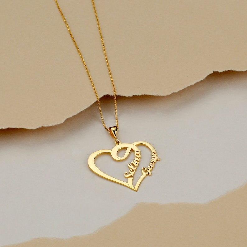 18K Gold Plated Customized Two Hallow Heart Name Necklace, Personalized Engraved Heart Pendant Custom Name Necklace, Customized Jewelry Gift