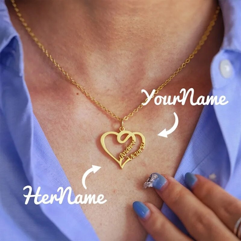 18K Gold Plated Customized Two Hallow Heart Name Necklace, Personalized Engraved Heart Pendant Custom Name Necklace, Customized Jewelry Gift