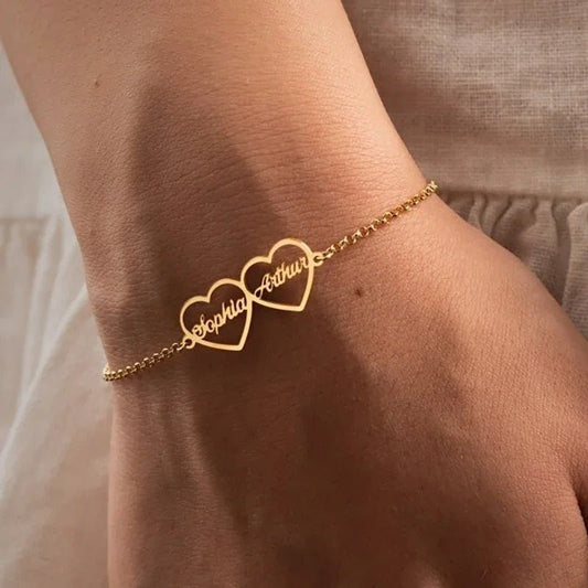 18K Gold Plated Customized Two Hallow Heart Name Bracelet, Personalized Engraved Heart Bracelet, Custom Name Jewelry, Custom Jewelry Gift