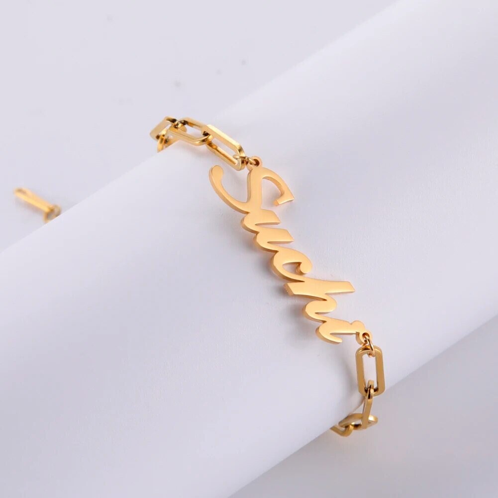 18K Gold Plated Personalized Name Bracelet Customized Name Bracelet Bangle Paperclip Chain Handcrafted Custom Jewelry Nameplate Jewelry Gift