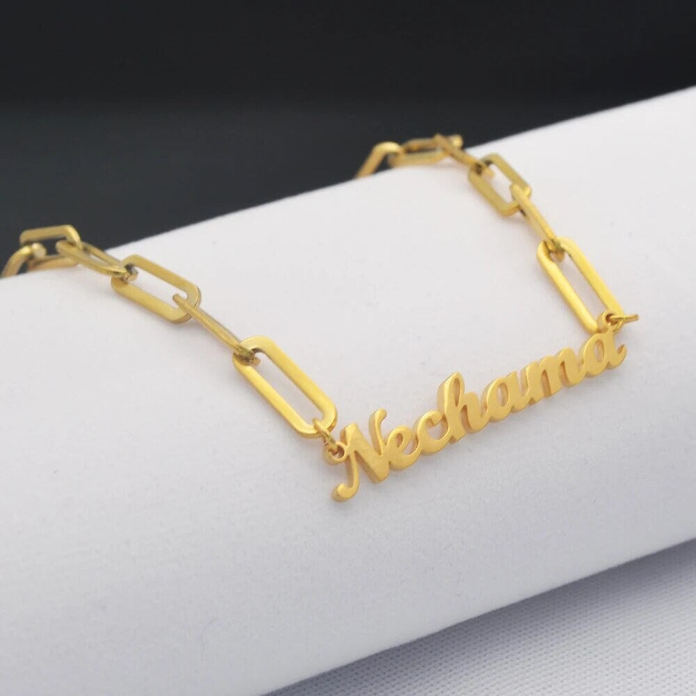 18K Gold Plated Personalized Name Bracelet Customized Name Bracelet Bangle Paperclip Chain Handcrafted Custom Jewelry Nameplate Jewelry Gift