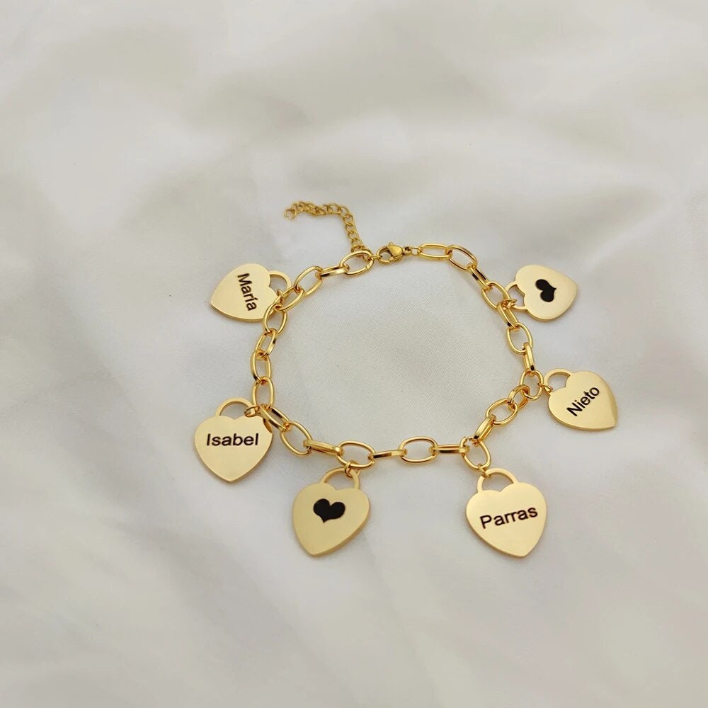 18K Gold Plated Engraved Heart Shaped Charm Bracelet, Customized Nameplate Bracelet, Personalized Heart Jewelry Custom Jewelry Gift for Her