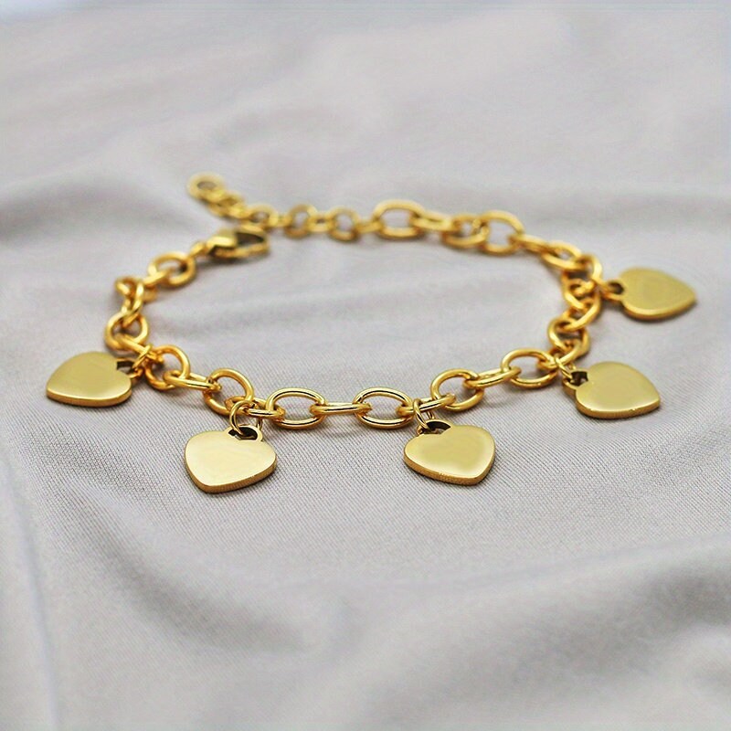 18K Gold Plated Engraved Heart Shaped Charm Bracelet, Customized Nameplate Bracelet, Personalized Heart Jewelry Custom Jewelry Gift for Her