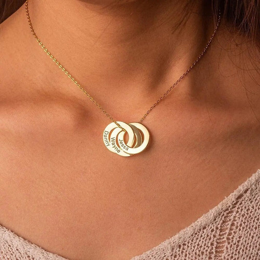 18K Gold Plated Three Linked Interlocking Circle Name Necklace Personalized Engraved Children Name Necklace, Customized Jewelry Pendant Gift