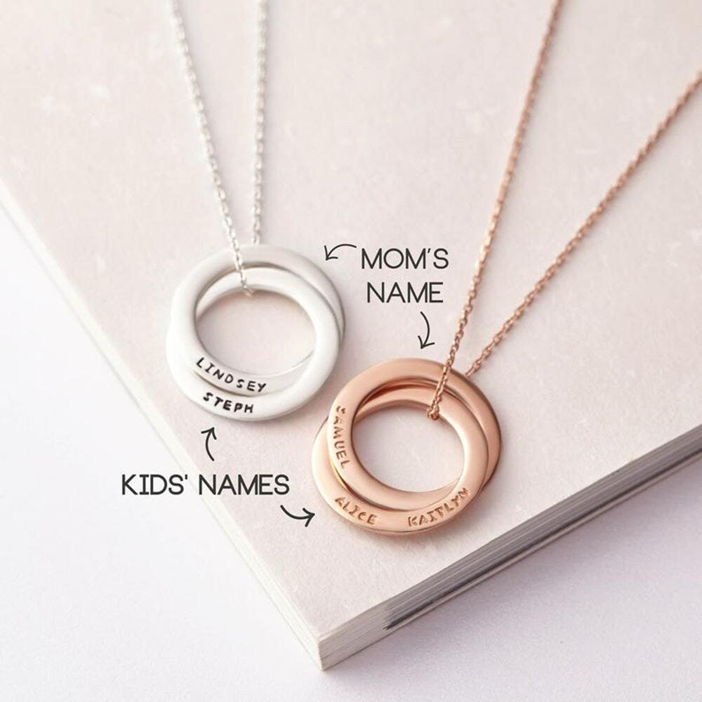 18K Gold Plated 2-5 Linked Interlocking Circle Name Necklace Personalized Engraved Children Name Necklace, Customized Jewelry Pendant Gift