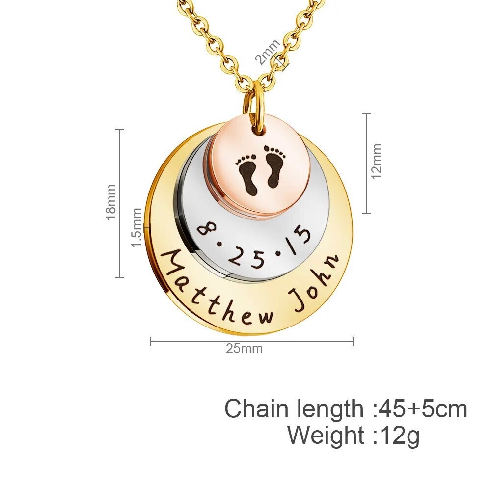 18K Gold Plated Personalized Baby Born Necklace Customized 3 Multi-Color Layered Circle Name Necklace Engraved Children Name Jewelry For Mom