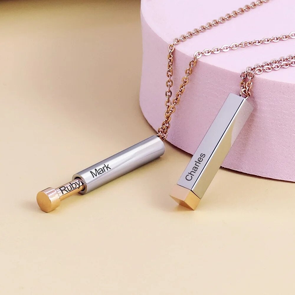 18K Gold Plated Personalized Hidden Message Necklace Customized 3D, 4 Sides Bar Engraved Name Pendant Jewelry Custom Monogram Handmade Gift