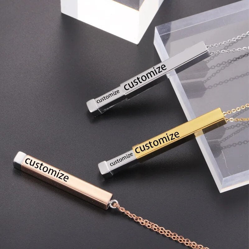 18K Gold Plated Personalized Hidden Message Necklace Customized 3D, 4 Sides Bar Engraved Name Pendant Jewelry Custom Monogram Handmade Gift