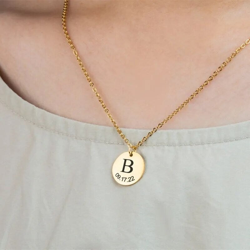 18K Gold Plated Personalized Letter Initial Disc Necklace A-Z Letter Initial Pendant Customized Handmade Jewelry Custom Pendant Gift for Her