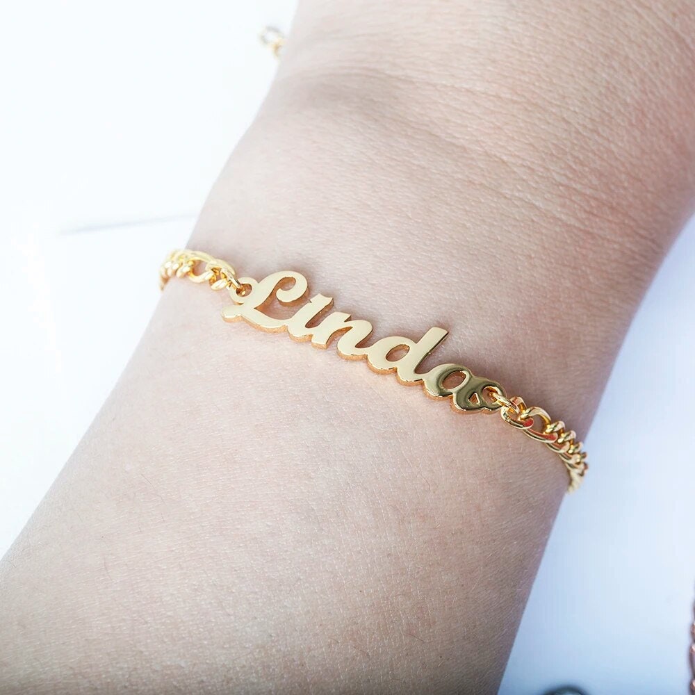 18K Gold Plated Personalized Name Bracelet Personalized Nameplate Bangle Custom Jewelry Bracelet Box Chain Bangle Jewelry Wrist Jewelry Gift