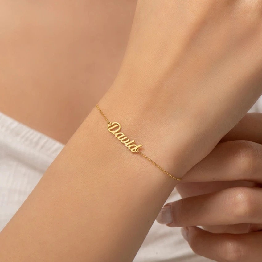 18K Gold Plated Personalized Name Bracelet, Customized Name Bracelet Handcrafted Custom Jewelry, Nameplate Jewelry Gift For Mom, For Her