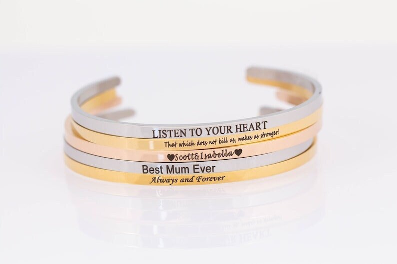 18K Gold Plated 4mm Engraved Text Name Bangle Personalized Cuff Bracelet Gift Customized Bracelet Custom Jewelry Gift For Mom, Jewelry Gift