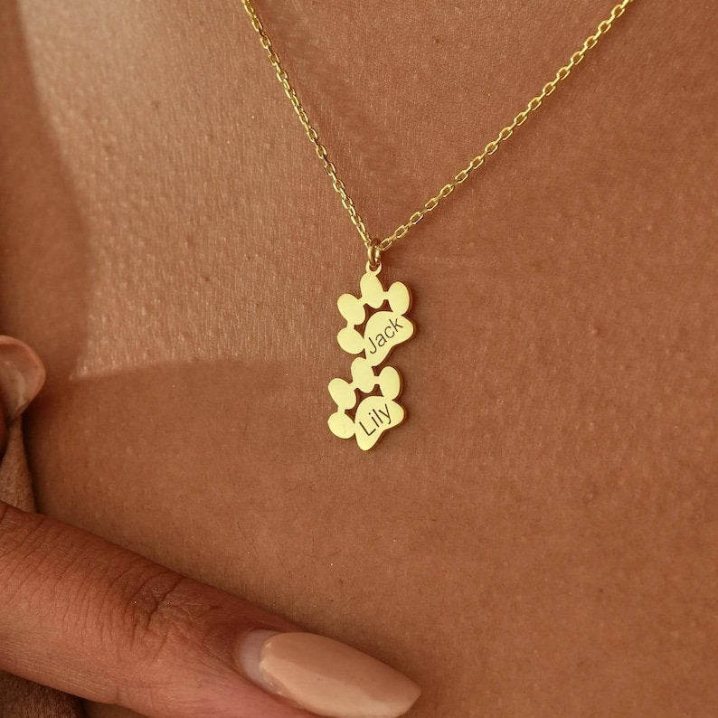 18K Gold Plated Pets Paw Print Name Necklace Minimalist Personalized Necklace, Customized Jewelry, Dog Paw Necklace Cat Paw Pet Name Jewelry