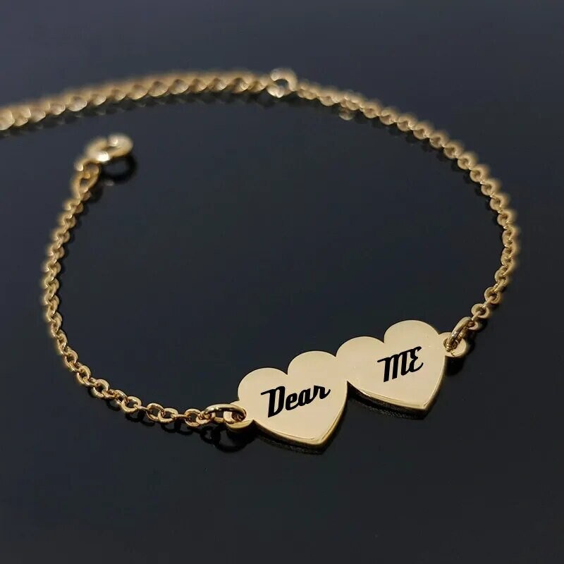 18K Gold Plated Personalized Heart Name Bracelet Customized Jewelry Engraved 1-5 Name Heart Charm Handcrafted Jewelry Unique Gift For Mom