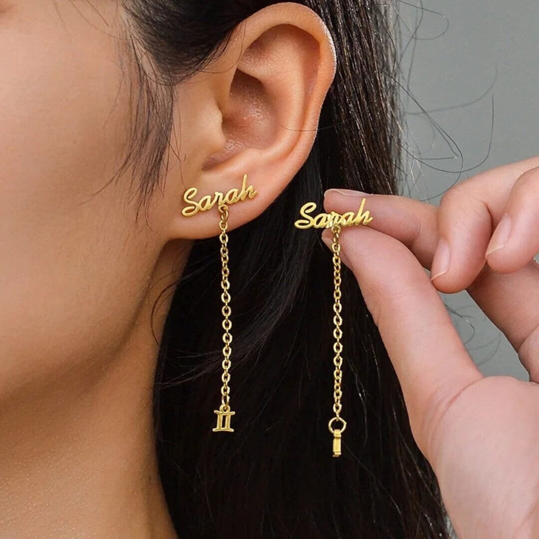 18K Gold-Plated Personalized Astrology Vertical Name Dangle Earrings Custom Jewelry Minimalist Customizable Earrings Gift Customized Jewelry