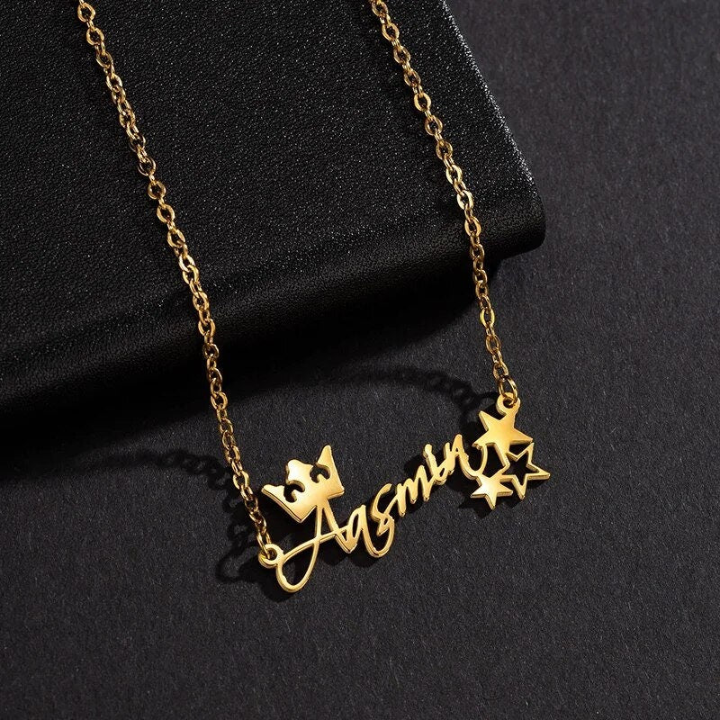 18K Gold Plated Personalized Name Heart & Star Necklace, Customized Name Necklace Handcrafted Jewelry Custom Nameplate Pendant Gift For Her