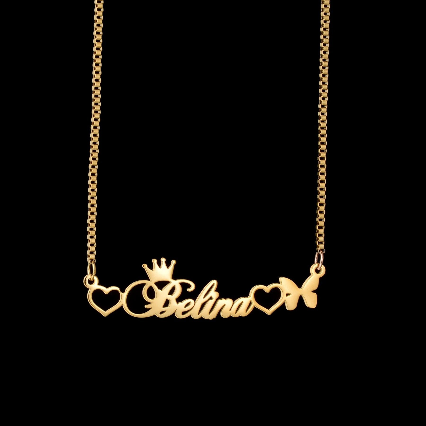 18K Gold Plated Personalized Name Necklace Crown Butterfly & Heart, Custom Name Necklace, Handcrafted Jewelry, Custom Nameplate Pendant Gift