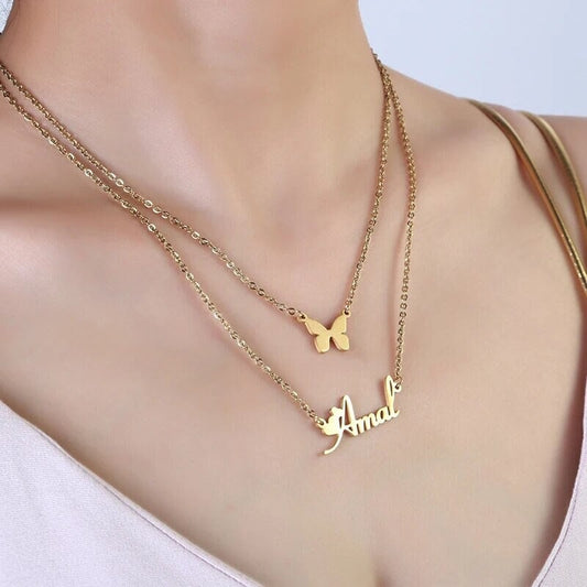 18K Gold Plated Personalized Name Necklace Double Layer Star Butterfly Customized Name Necklace Handcrafted Custom Jewelry Nameplate Pendant