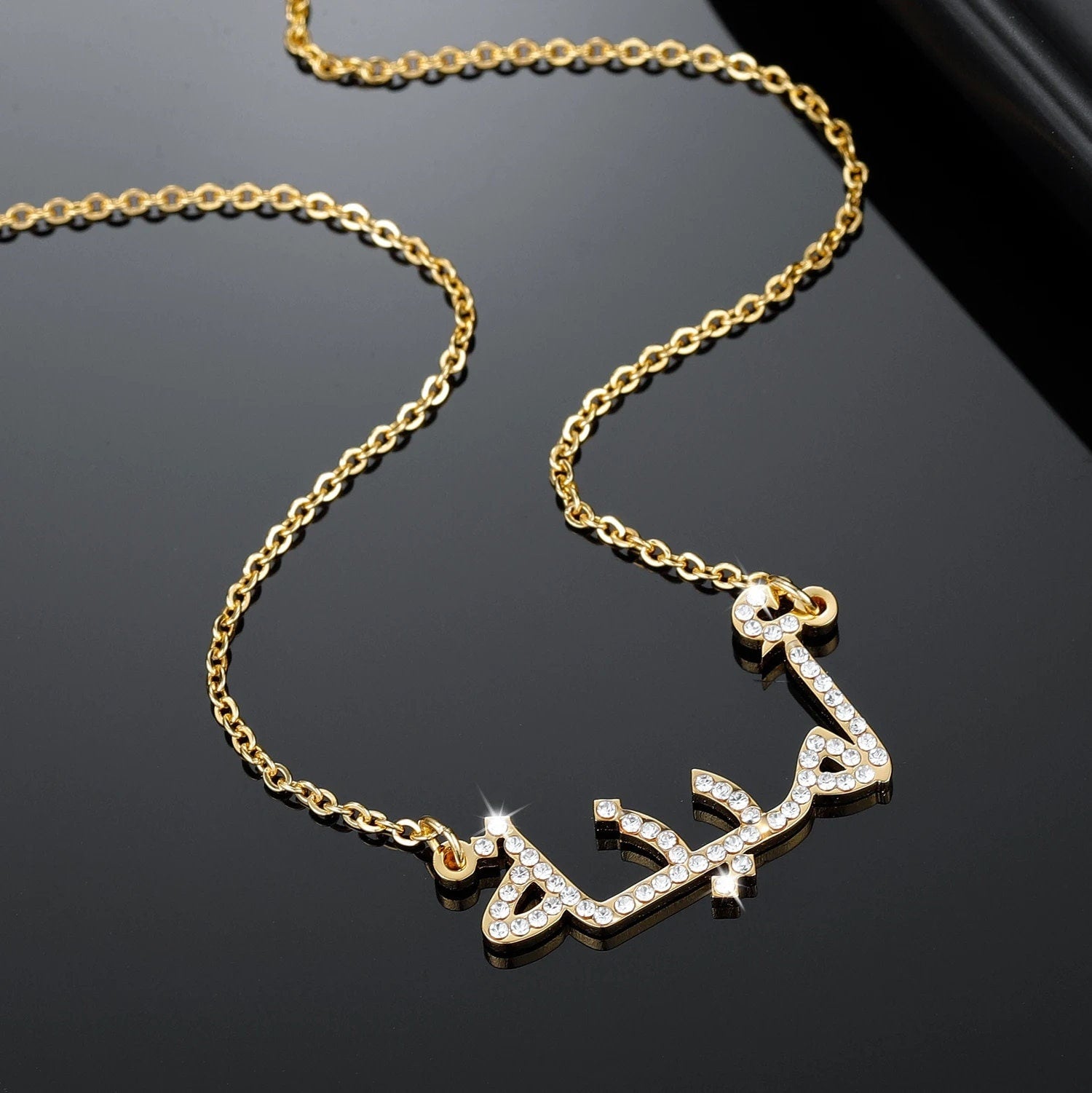 18K Gold Plated Personalized Arabic Calligraphy Crystal Name Necklace, Customized Name Jewelry Handcrafted Custom Jewelry Nameplate Necklace