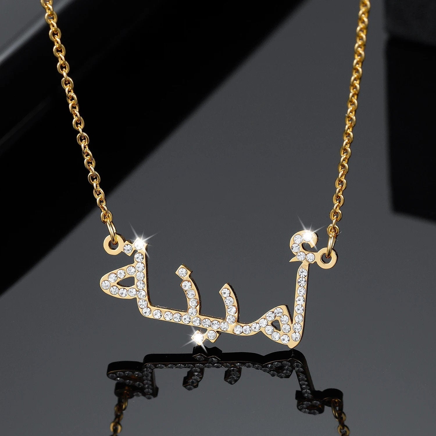 18K Gold Plated Personalized Arabic Calligraphy Crystal Name Necklace, Customized Name Jewelry Handcrafted Custom Jewelry Nameplate Necklace