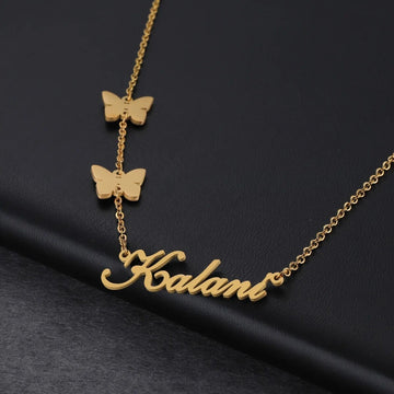 18K Gold Plated Personalized Name Necklace Two Double Butterfly Customized Name Necklace Handcrafted Custom Jewelry Nameplate Pendant Gift