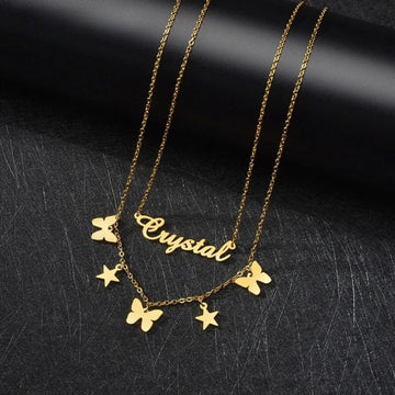 18K Gold Plated Personalized Name Necklace Double Layer Star Butterfly Customized Name Necklace Handcrafted Custom Jewelry Nameplate Pendant