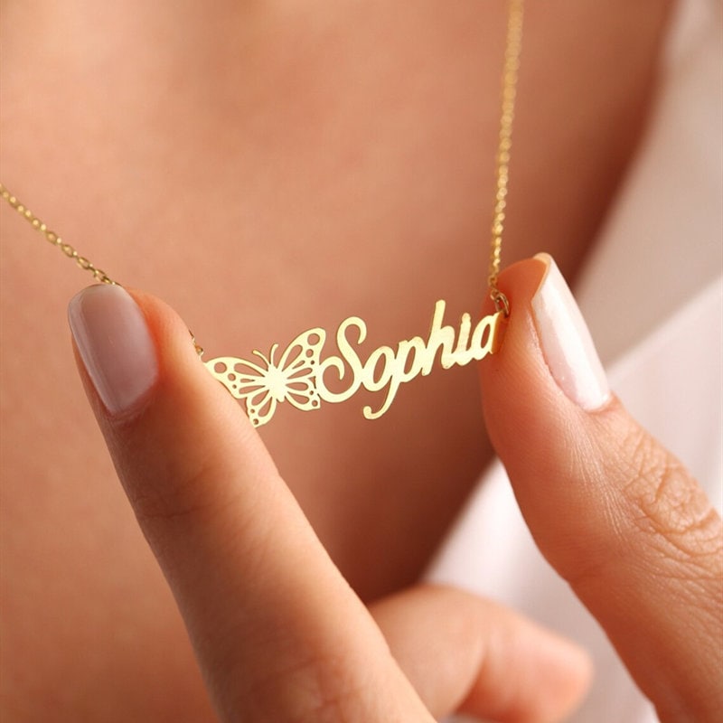 18K Gold Plated Personalized Name Necklace Butterfly Birth Month Customized Name Necklace Handcrafted Custom Jewelry Nameplate Pendant Gift