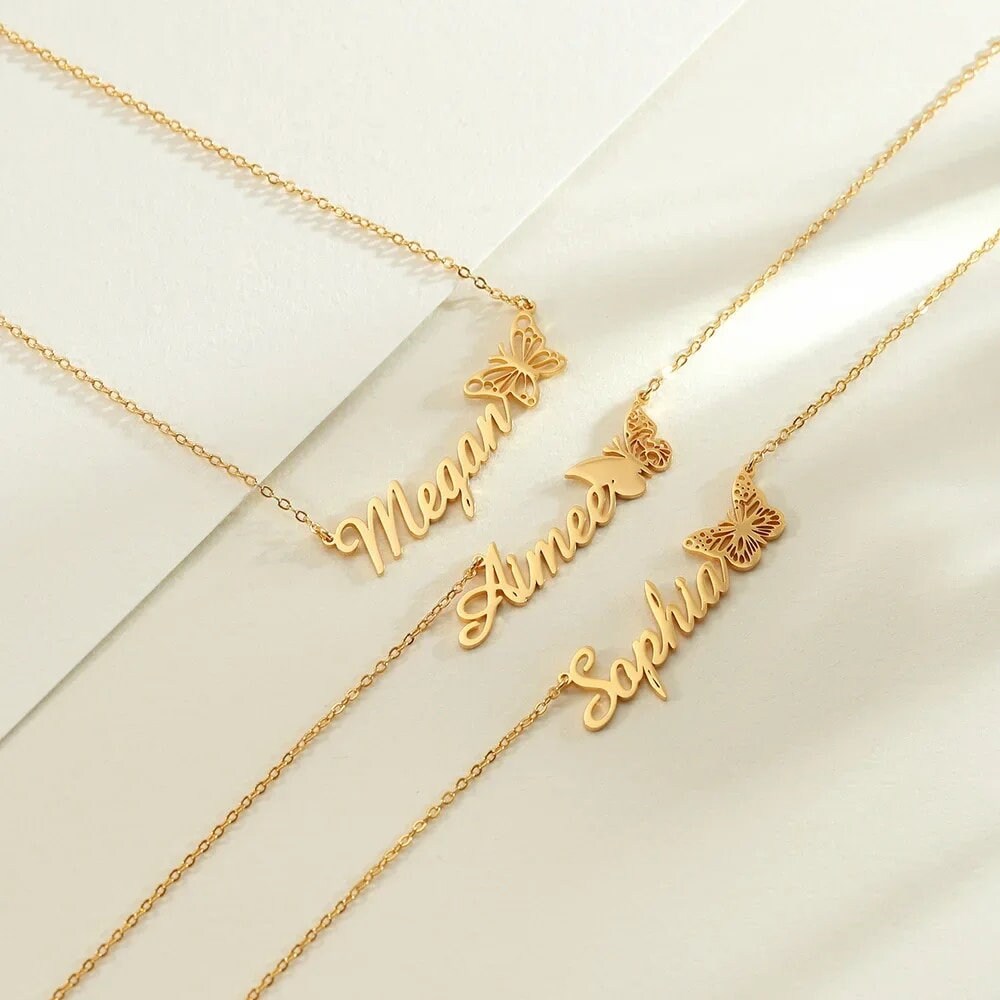 18K Gold Plated Personalized Name Necklace Butterfly Birth Month Customized Name Necklace Handcrafted Custom Jewelry Nameplate Pendant Gift