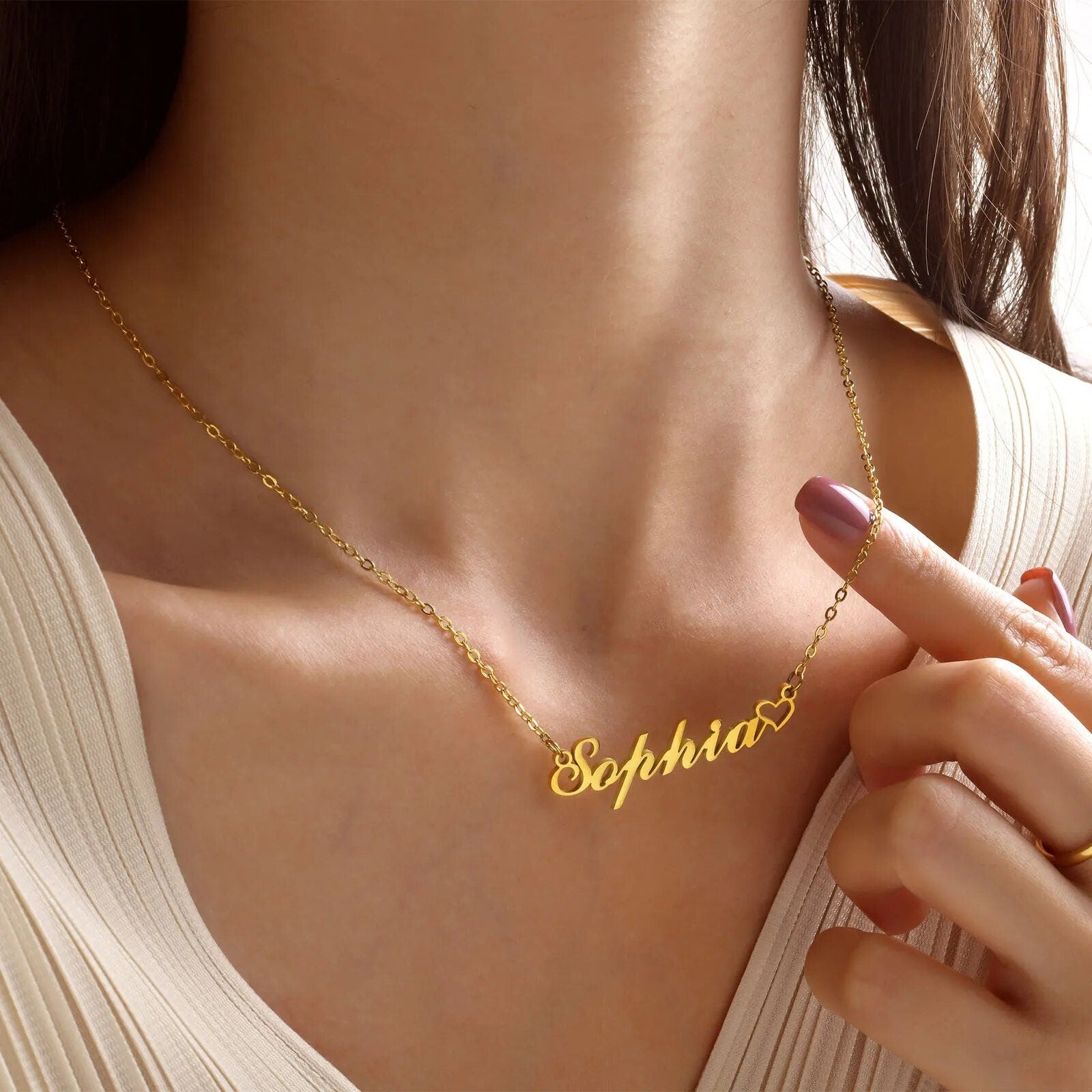 18K Gold Plated Personalized Name Necklace Heart Customized Name Necklace Handcrafted Custom Jewelry Nameplate Pendant Gift For Mom, For Her