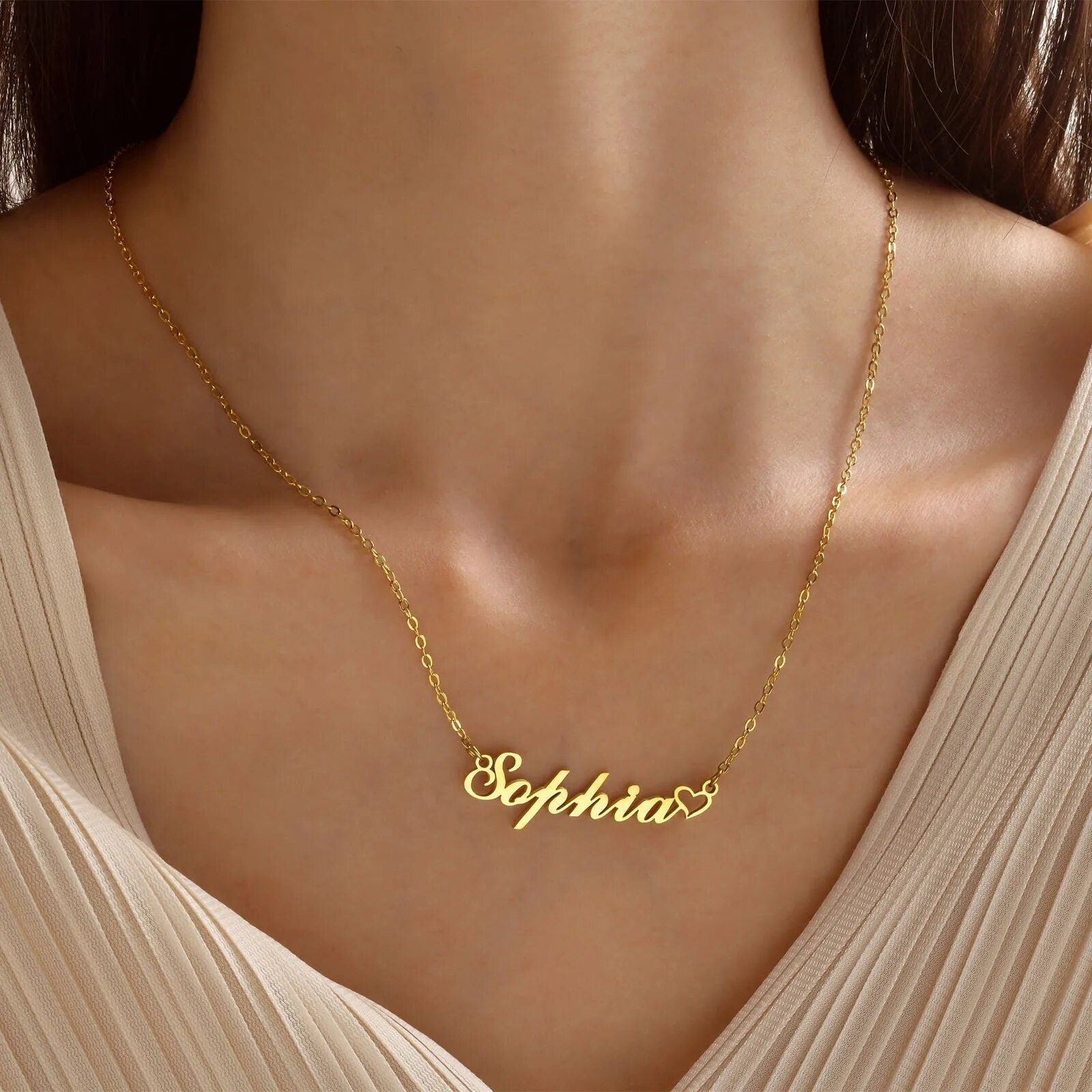 18K Gold Plated Personalized Name Necklace Heart Customized Name Necklace Handcrafted Custom Jewelry Nameplate Pendant Gift For Mom, For Her