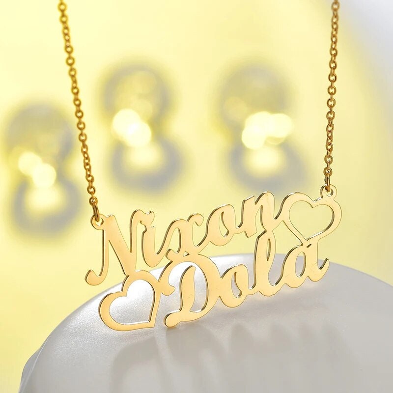 18K Gold Plated Personalized Two Name Necklace, Customized Name Necklace Handcrafted Custom Jewelry Nameplate Pendant Gifts For Mom, For Her