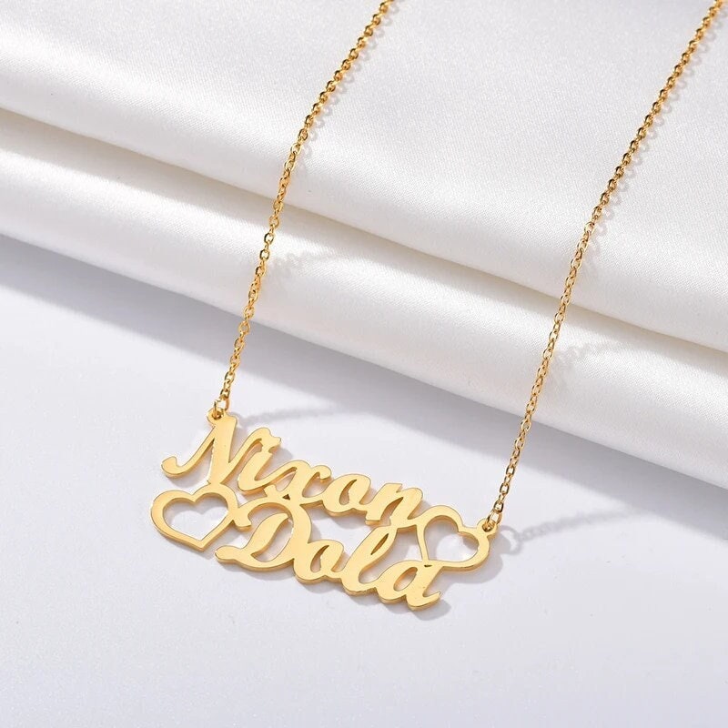 18K Gold Plated Personalized Two Name Necklace, Customized Name Necklace Handcrafted Custom Jewelry Nameplate Pendant Gifts For Mom, For Her