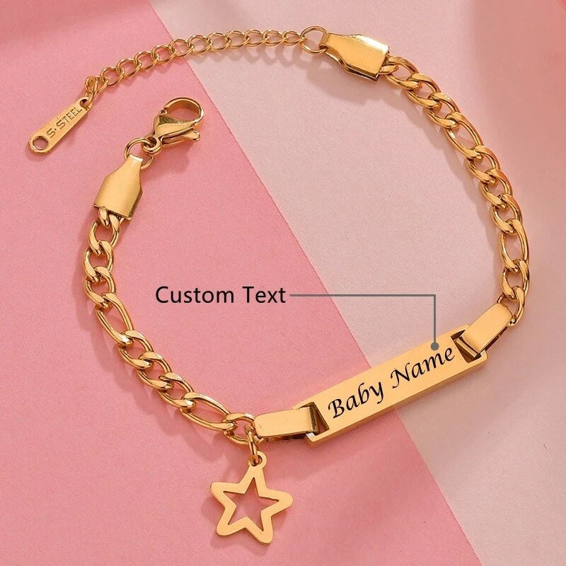 18K Gold Plated Personalized Baby Star Bracelet Customized Name Jewelry Nameplate Engraved Baby Bangle Custom Children Jewelry For Baby Gift