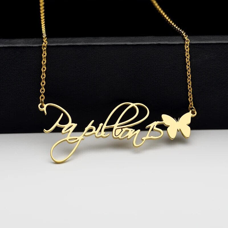 18K Gold Plated Personalized Name Butterfly Necklace, Customized Name Necklace Handcrafted Jewelry Custom Nameplate Pendant, Gift For Her